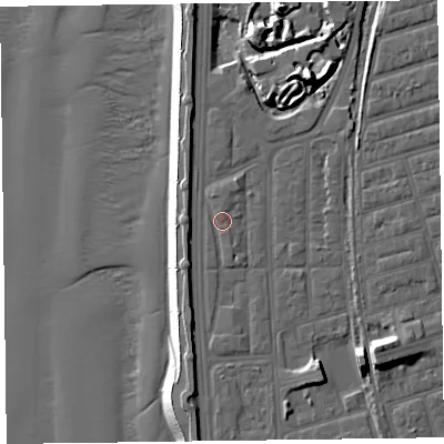 Shaded relief map of the ground around FY41NG, computed from Environment Agency LiDAR. The ground here sits at about 8 m above sea level and falls 19 m across the surrounding 800 m. Surface water reaching this point runs off ground lying to the south-south-east, 0.7 m higher.