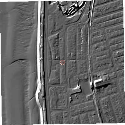 Shaded relief map of the ground around FY41NX, computed from Environment Agency LiDAR. The ground here sits at about 7 m above sea level and falls 18 m across the surrounding 800 m. Surface water reaching this point runs off ground lying to the south-east, 7.2 m higher.