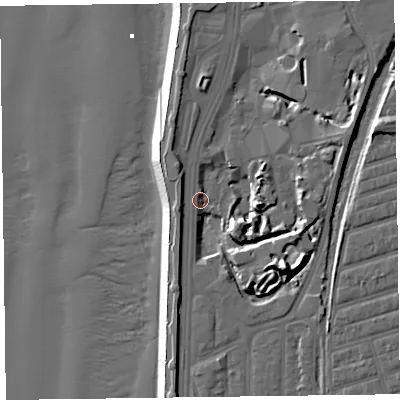Shaded relief map of the ground around FY41PL, computed from Environment Agency LiDAR. The ground here sits at about 6 m above sea level and falls 19 m across the surrounding 800 m. Surface water reaching this point runs off ground lying to the north-north-west, 2.2 m higher.