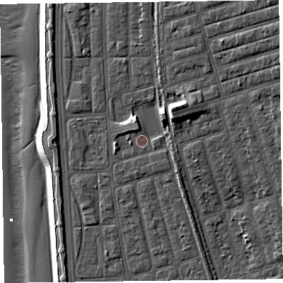 Shaded relief map of the ground around FY41PS, computed from Environment Agency LiDAR. The ground here sits at about 7 m above sea level and falls 15 m across the surrounding 800 m. Surface water reaching this point runs off ground lying to the north-east, 7.2 m higher.