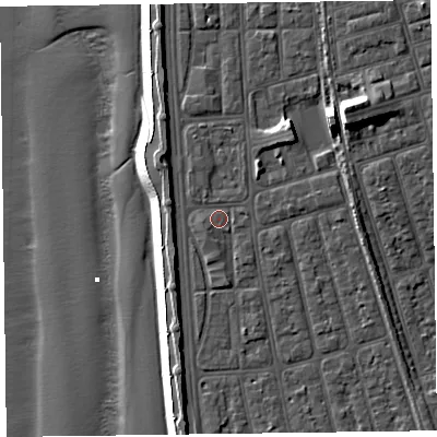 Shaded relief map of the ground around FY41RP, computed from Environment Agency LiDAR. The ground here sits at about 7 m above sea level and falls 16 m across the surrounding 800 m. Surface water reaching this point runs off ground lying to the south, 0.9 m higher.