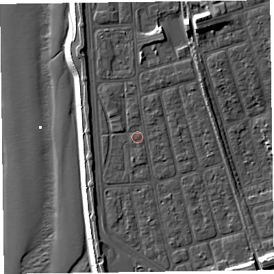 Shaded relief map of the ground around FY41RR, computed from Environment Agency LiDAR. The ground here sits at about 7 m above sea level and falls 16 m across the surrounding 800 m. Surface water reaching this point runs off ground lying to the south, 0.9 m higher.