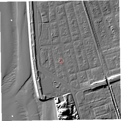 Shaded relief map of the ground around FY41RT, computed from Environment Agency LiDAR. The ground here sits at about 7 m above sea level and falls 19 m across the surrounding 800 m. Surface water reaching this point runs off ground lying to the south-west, 0.6 m higher.
