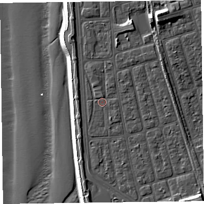 Shaded relief map of the ground around FY41SS, computed from Environment Agency LiDAR. The ground here sits at about 7 m above sea level and falls 16 m across the surrounding 800 m. Surface water reaching this point runs off ground lying to the south-east, 7.2 m higher.