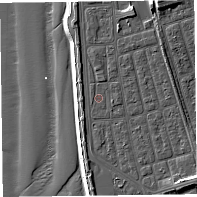 Shaded relief map of the ground around FY41ST, computed from Environment Agency LiDAR. The ground here sits at about 7 m above sea level and falls 16 m across the surrounding 800 m. Surface water reaching this point runs off ground lying to the south-east, 6.5 m higher.