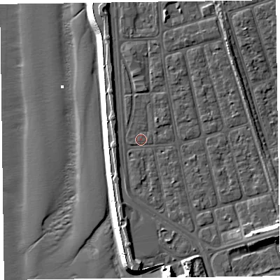 Shaded relief map of the ground around FY41SU, computed from Environment Agency LiDAR. The ground here sits at about 7 m above sea level and falls 16 m across the surrounding 800 m. Surface water reaching this point runs off ground lying to the east-south-east, 7.1 m higher.