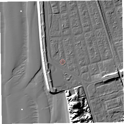 Shaded relief map of the ground around FY41SY, computed from Environment Agency LiDAR. The ground here sits at about 7 m above sea level and falls 20 m across the surrounding 800 m. Surface water reaching this point runs off ground lying to the south-south-west, 2.1 m higher.