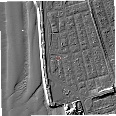 Shaded relief map of the ground around FY41TG, computed from Environment Agency LiDAR. The ground here sits at about 7 m above sea level and falls 17 m across the surrounding 800 m. Surface water reaching this point runs off ground lying to the east-south-east, 7.2 m higher.