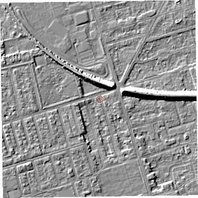 Shaded relief map of the ground around FY42BP, computed from Environment Agency LiDAR. The ground here sits at about 6 m above sea level and falls 9 m across the surrounding 800 m. Surface water reaching this point runs off ground lying to the west-south-west, 4.0 m higher.