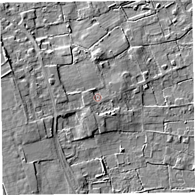 Shaded relief map of the ground around FY45DS, computed from Environment Agency LiDAR. The ground here sits at about 6 m above sea level and falls 7 m across the surrounding 800 m. Surface water reaching this point runs off ground lying to the west, 2.2 m higher.