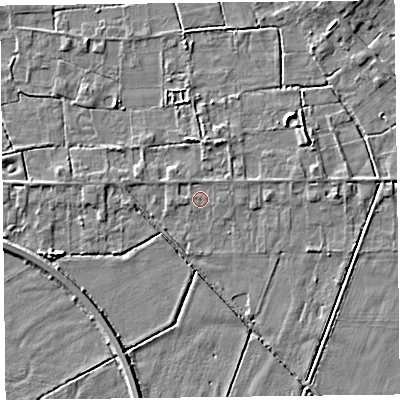 Shaded relief map of the ground around FY45EA, computed from Environment Agency LiDAR. The ground here sits at about 4 m above sea level and falls 3 m across the surrounding 800 m. Surface water reaching this point runs off ground lying to the north-west, 0.9 m higher.