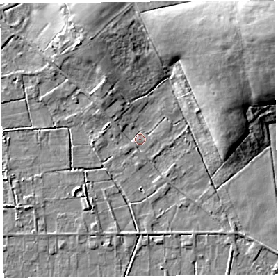 Shaded relief map of the ground around FY45ED, computed from Environment Agency LiDAR. The ground here sits at about 4 m above sea level and falls 11 m across the surrounding 800 m. Surface water reaching this point runs off ground lying to the north-north-west, 4.0 m higher.