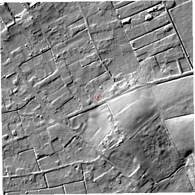 Shaded relief map of the ground around FY45EN, computed from Environment Agency LiDAR. The ground here sits at about 4 m above sea level and falls 10 m across the surrounding 800 m. Surface water reaching this point runs off ground lying to the east-south-east, 1.7 m higher.