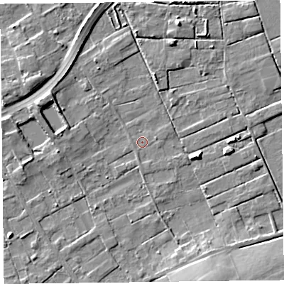 Shaded relief map of the ground around FY45EP, computed from Environment Agency LiDAR. The ground here sits at about 4 m above sea level and falls 8 m across the surrounding 800 m. Surface water reaching this point runs off ground lying to the south-south-east, 7.7 m higher.
