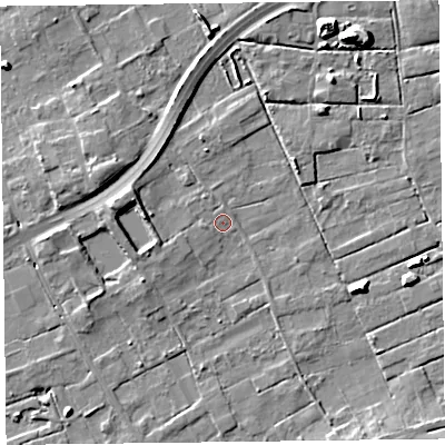 Shaded relief map of the ground around FY45ER, computed from Environment Agency LiDAR. The ground here sits at about 4 m above sea level and falls 9 m across the surrounding 800 m. Surface water reaching this point runs off ground lying to the west-south-west, 1.4 m higher.