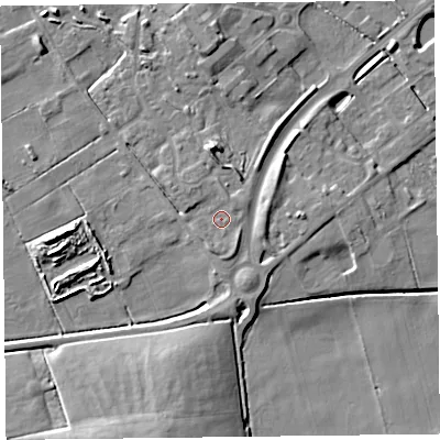 Shaded relief map of the ground around FY45FU, computed from Environment Agency LiDAR. The ground here sits at about 6 m above sea level and falls 9 m across the surrounding 800 m. Surface water reaching this point runs off ground lying to the north-east, 1.6 m higher.