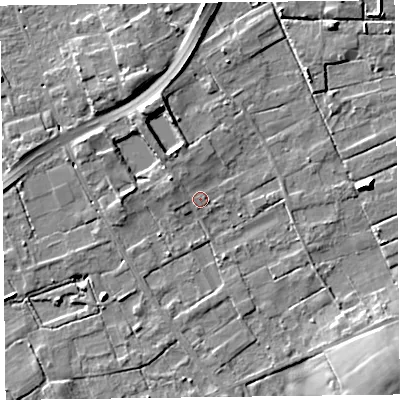 Shaded relief map of the ground around FY45HY, computed from Environment Agency LiDAR. The ground here sits at about 4 m above sea level and falls 9 m across the surrounding 800 m. Surface water reaching this point runs off ground lying to the north-west, 2.3 m higher.