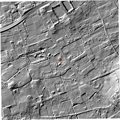 Shaded relief map of the ground around FY45HZ, computed from Environment Agency LiDAR. The ground here sits at about 4 m above sea level and falls 6 m across the surrounding 800 m. Surface water reaching this point runs off ground lying to the west-south-west, 4.3 m higher.