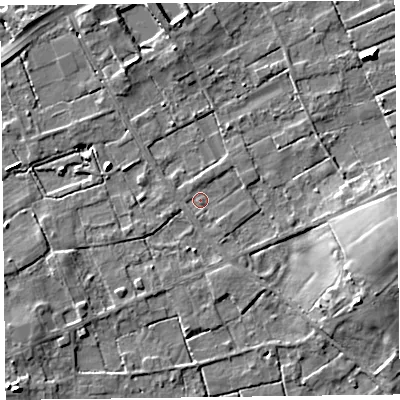Shaded relief map of the ground around FY45JA, computed from Environment Agency LiDAR. The ground here sits at about 4 m above sea level and falls 9 m across the surrounding 800 m. Surface water reaching this point runs off ground lying to the south-east, 1.2 m higher.