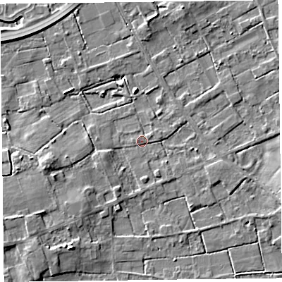 Shaded relief map of the ground around FY45JB, computed from Environment Agency LiDAR. The ground here sits at about 4 m above sea level and falls 7 m across the surrounding 800 m. Surface water reaching this point runs off ground lying to the south, 1.6 m higher.