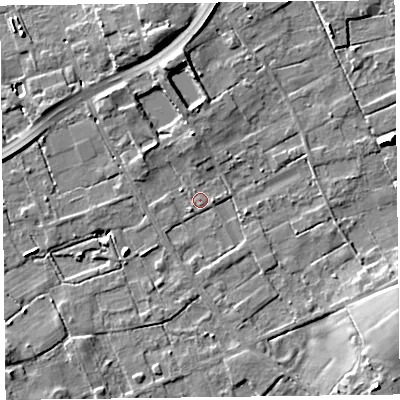 Shaded relief map of the ground around FY45JQ, computed from Environment Agency LiDAR. The ground here sits at about 4 m above sea level and falls 9 m across the surrounding 800 m. Surface water reaching this point runs off ground lying to the north-north-west, 3.3 m higher.