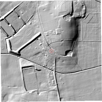 Shaded relief map of the ground around FY45JU, computed from Environment Agency LiDAR. The ground here sits at about 10 m above sea level and falls 17 m across the surrounding 800 m. Surface water reaching this point runs off ground lying to the north-north-east, 9.5 m higher.