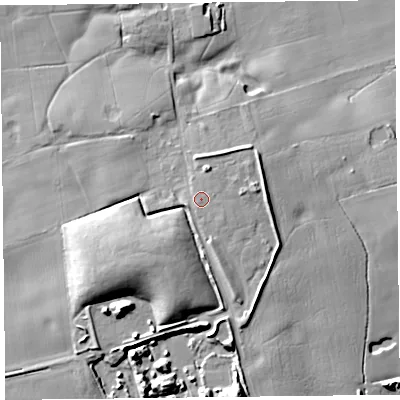 Shaded relief map of the ground around FY45JX, computed from Environment Agency LiDAR. The ground here sits at about 13 m above sea level and falls 15 m across the surrounding 800 m. Surface water reaching this point runs off ground lying to the east-north-east, 0.6 m higher.