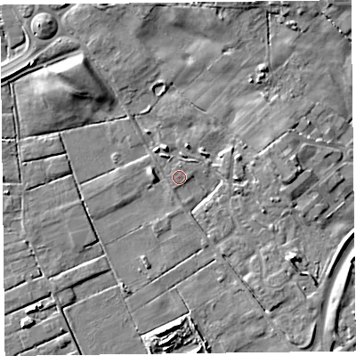 Shaded relief map of the ground around FY45LB, computed from Environment Agency LiDAR. The ground here sits at about 5 m above sea level and falls 8 m across the surrounding 800 m. Surface water reaching this point runs off ground lying to the east-south-east, 1.3 m higher.