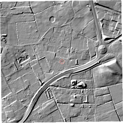 Shaded relief map of the ground around FY45LG, computed from Environment Agency LiDAR. The ground here sits at about 4 m above sea level and falls 15 m across the surrounding 800 m. Surface water reaching this point runs off ground lying to the north-east, 12.4 m higher.