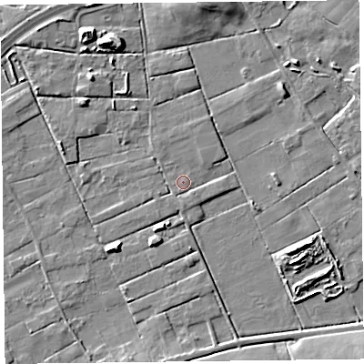 Shaded relief map of the ground around FY45LH, computed from Environment Agency LiDAR. The ground here sits at about 4 m above sea level and falls 9 m across the surrounding 800 m. Surface water reaching this point runs off ground lying to the south-south-west, 0.6 m higher.