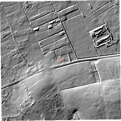 Shaded relief map of the ground around FY45LJ, computed from Environment Agency LiDAR. The ground here sits at about 4 m above sea level and falls 12 m across the surrounding 800 m. Surface water reaching this point runs off ground lying to the south-south-west, 2.6 m higher.