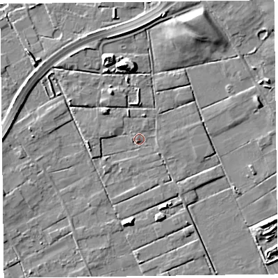 Shaded relief map of the ground around FY45LQ, computed from Environment Agency LiDAR. The ground here sits at about 4 m above sea level and falls 9 m across the surrounding 800 m. Surface water reaching this point runs off ground lying to the north-north-west, 3.8 m higher.