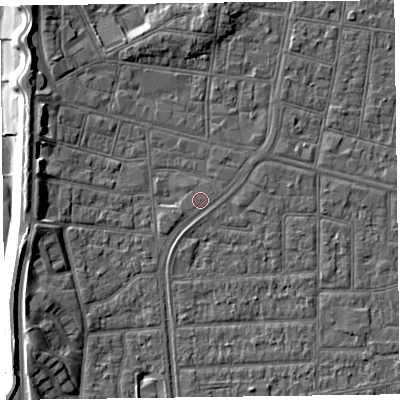 Shaded relief map of the ground around FY51AB, computed from Environment Agency LiDAR. The ground here sits at about 5 m above sea level and falls 9 m across the surrounding 800 m. Surface water reaching this point runs off ground lying to the north-east, 0.5 m higher.