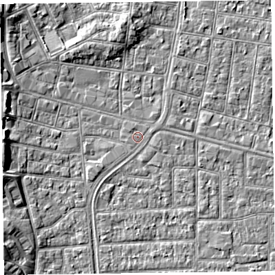 Shaded relief map of the ground around FY51AD, computed from Environment Agency LiDAR. The ground here sits at about 5 m above sea level and falls 5 m across the surrounding 800 m. The ground contributing surface water to this point lies to the north-west.