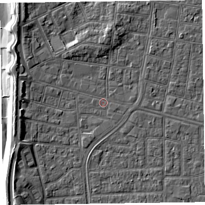 Shaded relief map of the ground around FY51AG, computed from Environment Agency LiDAR. The ground here sits at about 5 m above sea level and falls 9 m across the surrounding 800 m. Surface water reaching this point runs off ground lying to the north, 3.3 m higher.