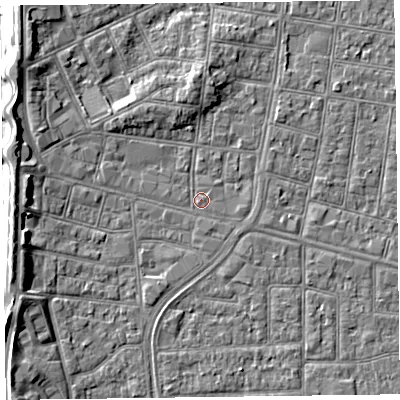 Shaded relief map of the ground around FY51AJ, computed from Environment Agency LiDAR. The ground here sits at about 5 m above sea level and falls 8 m across the surrounding 800 m. Surface water reaching this point runs off ground lying to the north, 3.3 m higher.