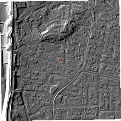 Shaded relief map of the ground around FY51AN, computed from Environment Agency LiDAR. The ground here sits at about 5 m above sea level and falls 10 m across the surrounding 800 m. Surface water reaching this point runs off ground lying to the north, 3.3 m higher.