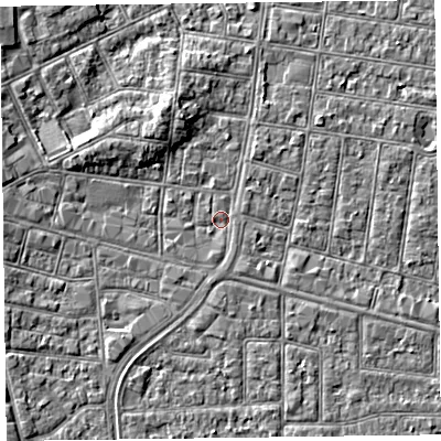 Shaded relief map of the ground around FY51AP, computed from Environment Agency LiDAR. The ground here sits at about 5 m above sea level and falls 4 m across the surrounding 800 m. Surface water reaching this point runs off ground lying to the north-north-west, 2.9 m higher.