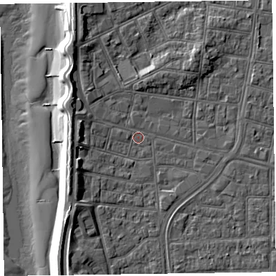 Shaded relief map of the ground around FY51AR, computed from Environment Agency LiDAR. The ground here sits at about 5 m above sea level and falls 11 m across the surrounding 800 m. Surface water reaching this point runs off ground lying to the north-north-west, 4.4 m higher.