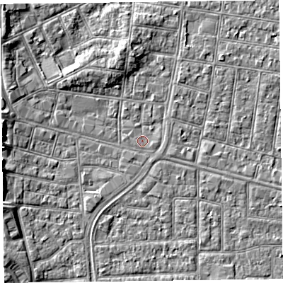 Shaded relief map of the ground around FY51AW, computed from Environment Agency LiDAR. The ground here sits at about 5 m above sea level and falls 5 m across the surrounding 800 m. Surface water reaching this point runs off ground lying to the north, 2.9 m higher.