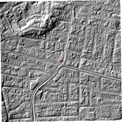 Shaded relief map of the ground around FY51AY, computed from Environment Agency LiDAR. The ground here sits at about 5 m above sea level and falls 4 m across the surrounding 800 m. Surface water reaching this point runs off ground lying to the west-north-west, 0.6 m higher.
