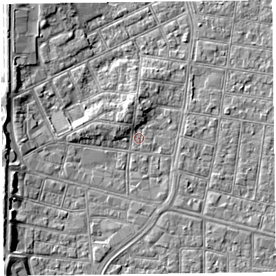 Shaded relief map of the ground around FY51BB, computed from Environment Agency LiDAR. The ground here sits at about 5 m above sea level and falls 5 m across the surrounding 800 m. Surface water reaching this point runs off ground lying to the north, 2.2 m higher.
