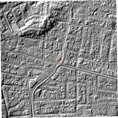 Shaded relief map of the ground around FY51BD, computed from Environment Agency LiDAR. The ground here sits at about 5 m above sea level and falls 4 m across the surrounding 800 m. Surface water reaching this point runs off ground lying to the west-south-west, 0.6 m higher.