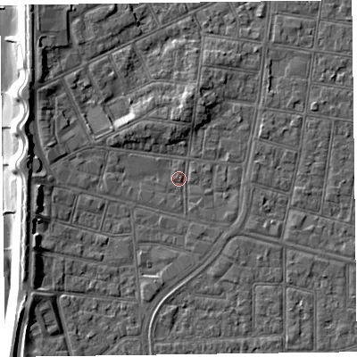 Shaded relief map of the ground around FY51BG, computed from Environment Agency LiDAR. The ground here sits at about 5 m above sea level and falls 9 m across the surrounding 800 m. Surface water reaching this point runs off ground lying to the north, 3.3 m higher.