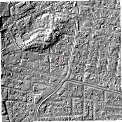 Shaded relief map of the ground around FY51BH, computed from Environment Agency LiDAR. The ground here sits at about 5 m above sea level and falls 5 m across the surrounding 800 m. Surface water reaching this point runs off ground lying to the north-north-west, 2.9 m higher.