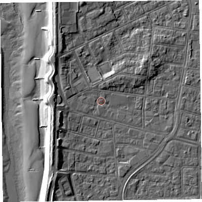 Shaded relief map of the ground around FY51BP, computed from Environment Agency LiDAR. The ground here sits at about 5 m above sea level and falls 11 m across the surrounding 800 m. Surface water reaching this point runs off ground lying to the north-north-west, 4.2 m higher.