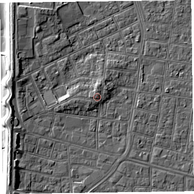 Shaded relief map of the ground around FY51BQ, computed from Environment Agency LiDAR. The ground here sits at about 7 m above sea level and falls 8 m across the surrounding 800 m. Surface water reaching this point runs off ground lying to the north-north-west, 1.4 m higher.
