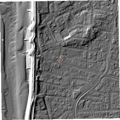 Shaded relief map of the ground around FY51BS, computed from Environment Agency LiDAR. The ground here sits at about 5 m above sea level and falls 12 m across the surrounding 800 m. Surface water reaching this point runs off ground lying to the north-north-west, 4.3 m higher.