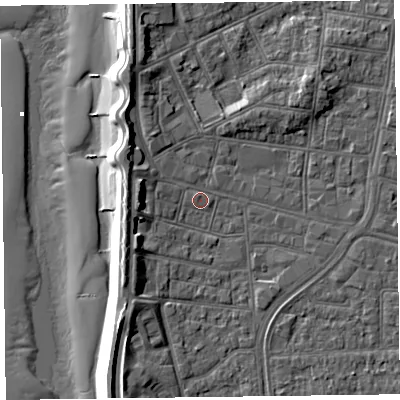 Shaded relief map of the ground around FY51BU, computed from Environment Agency LiDAR. The ground here sits at about 5 m above sea level and falls 12 m across the surrounding 800 m. Surface water reaching this point runs off ground lying to the north-north-west, 4.3 m higher.