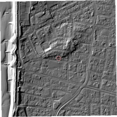 Shaded relief map of the ground around FY51BW, computed from Environment Agency LiDAR. The ground here sits at about 5 m above sea level and falls 10 m across the surrounding 800 m. Surface water reaching this point runs off ground lying to the west-north-west, 2.1 m higher.